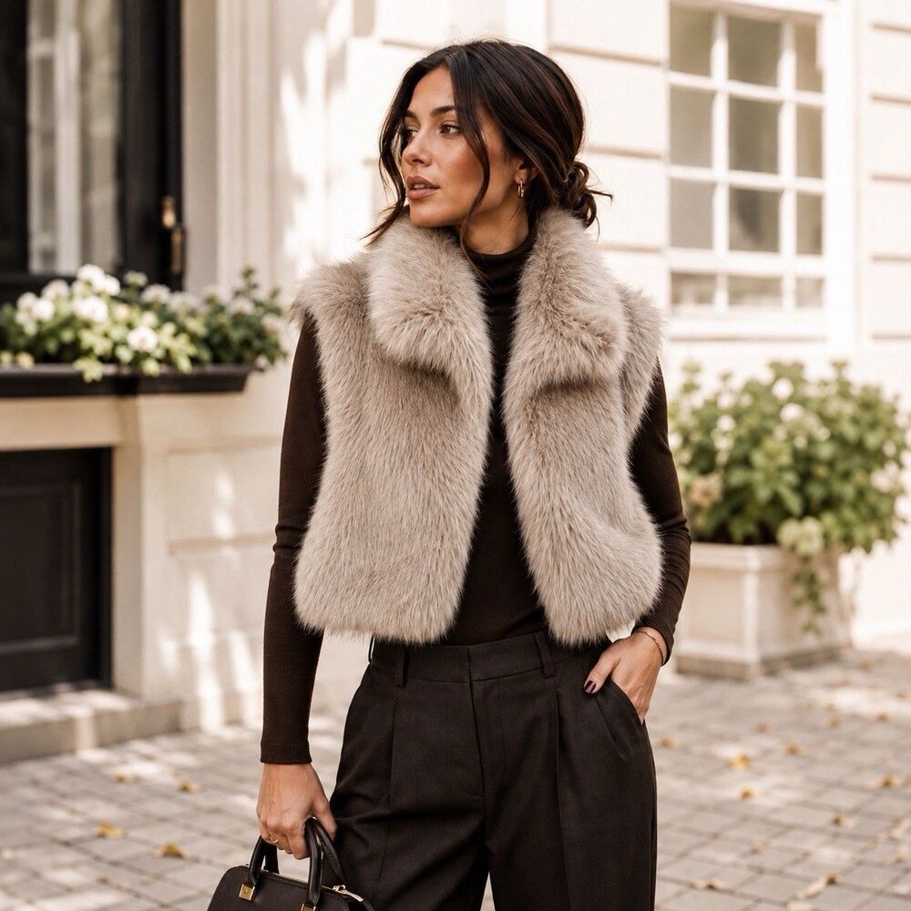 Jason Wu Faux Fur Vest size S Beige Cropped Funnel Neck Soft Fall Luxury Preppy
